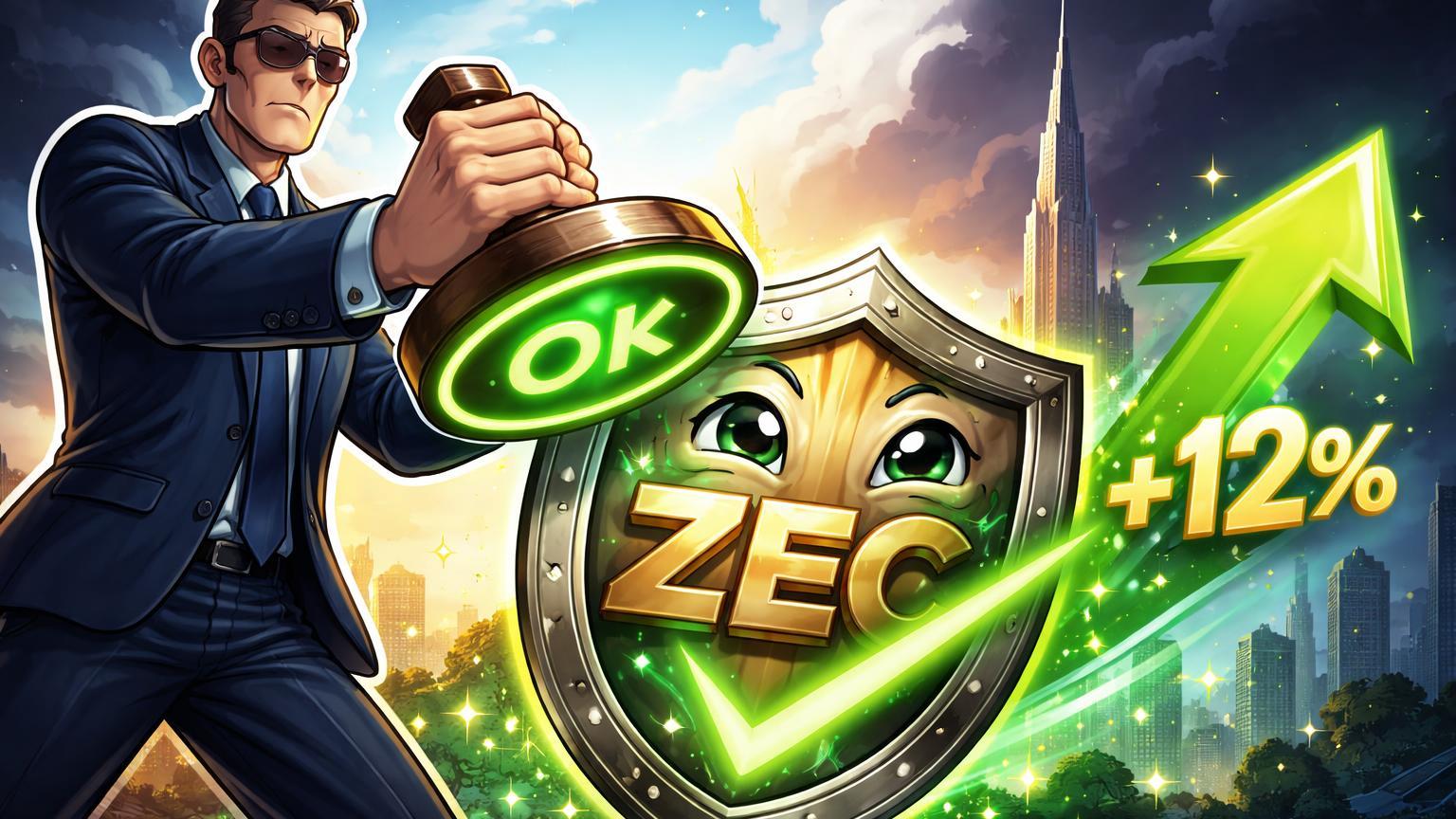 Investigador SEC cartoon carimbando aprovação em escudo Zcash com seta +12% ascendente, contrastando nuvem escura de banimento em Dubai