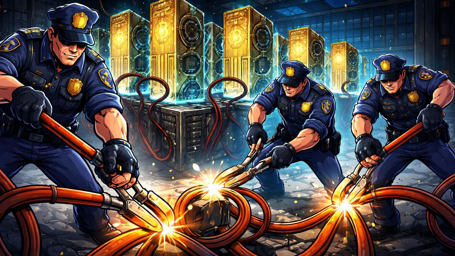 Policiais cartoon cortando cabos elétricos de fazendas de mineração Bitcoin, ilustrando desmantelamento de operações ilegais em Alagoas