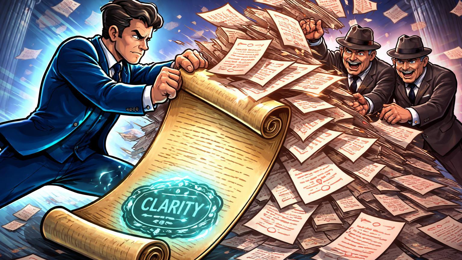 Personagens cartoon de Coinbase defendendo pergaminho contra avalanche de emendas de banqueiros Wall Street, simbolizando sabotagem ao CLARITY Act