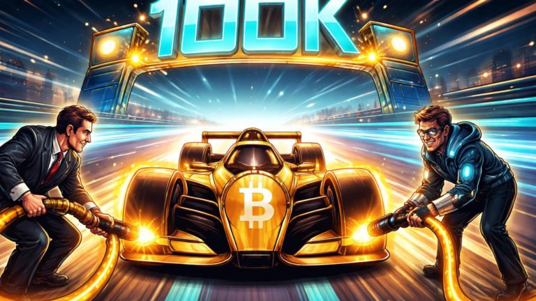 Carro de corrida Bitcoin cartoon abastecido por influxos dourados de executivos institucionais, acelerando para linha de chegada 100K