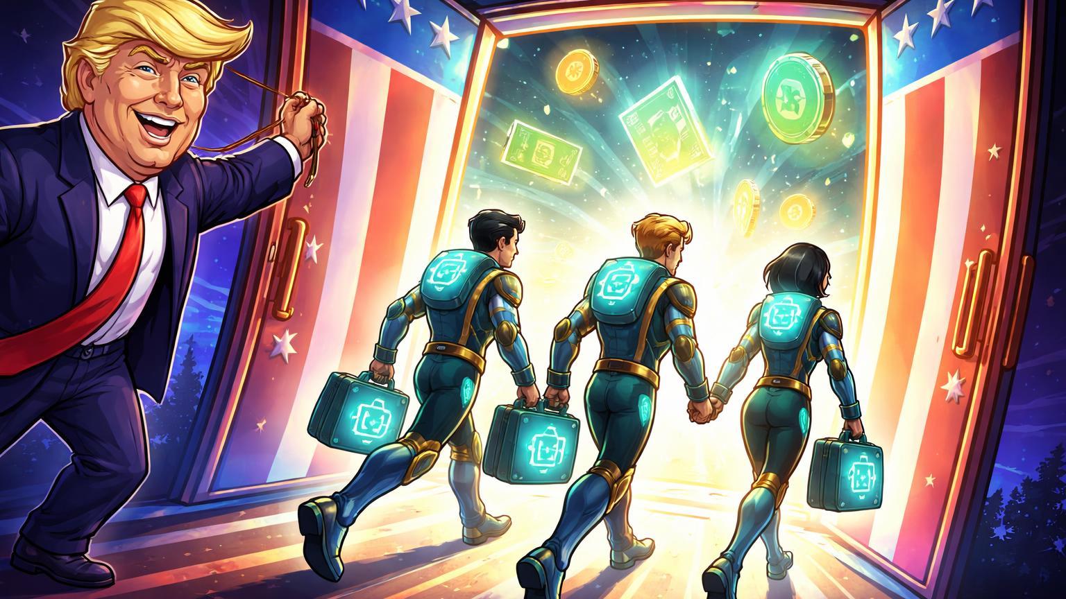 Equipe cartoon da Algorand Foundation retornando aos EUA com figura Trump abrindo portas, simbolizando ambiente pró-cripto