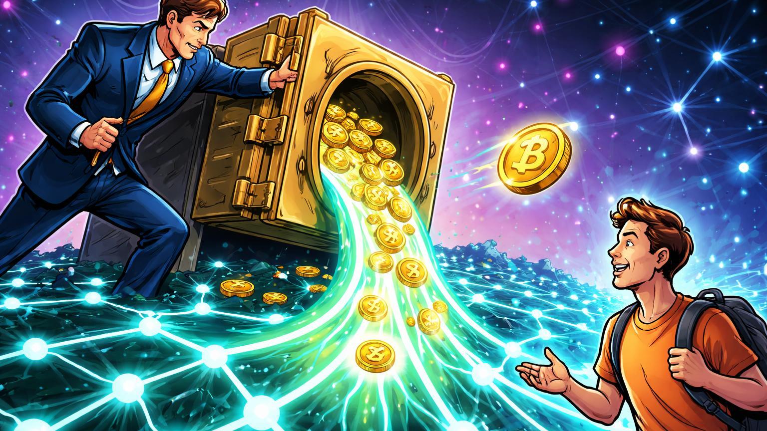 Bancário cartoon despejando energia dourada de cofre para rede blockchain crescente, com cidadão recebendo moeda digital, simbolizando investimento da Caixa no Drex