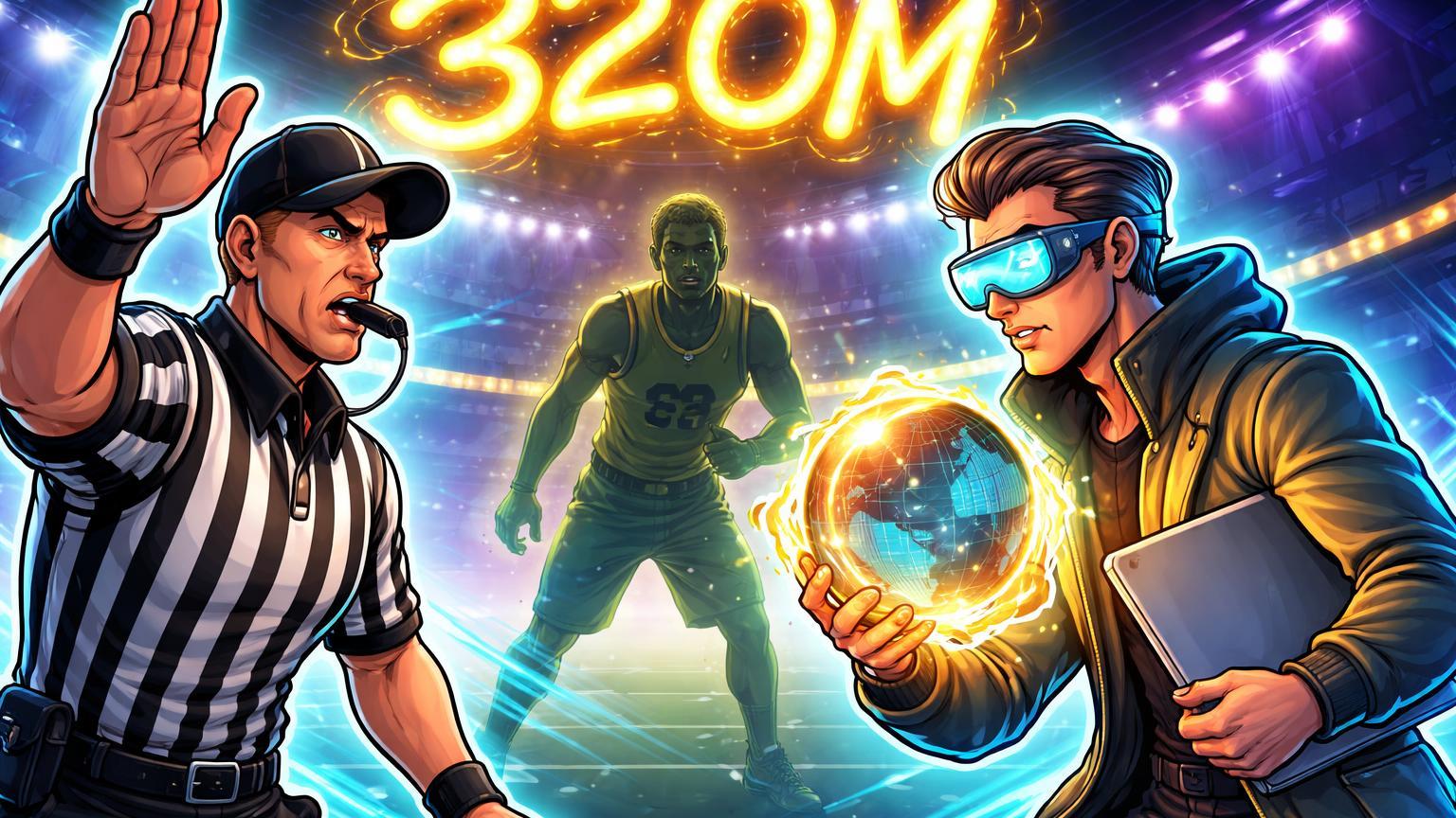 Árbitro cartoon sinalizando parada para trader crypto com bola de energia, atleta preocupado ao fundo, representando embate NCAA vs prediction markets