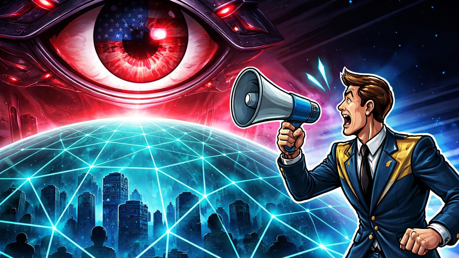 Olho gigante de vigilância governamental sobre rede cripto protetora, com executivo cartoon alertando, criticando projeto de lei do Senado EUA