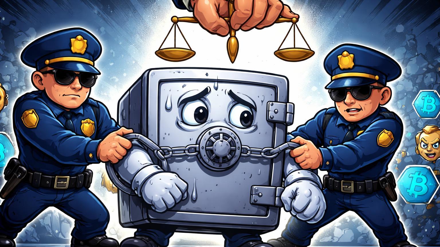 Agentes policiais cartoon algemando cofre bancário culpado com plataformas cripto alarmadas e mão regulatória acima, alertando riscos do escândalo Banco Master