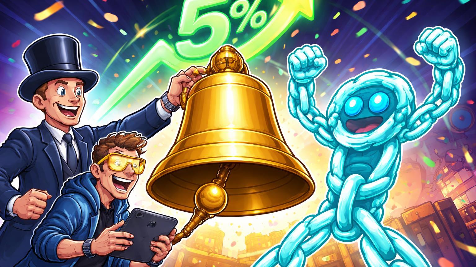 Executivos cartoon e personagem Chainlink tocando sino da NYSE com seta verde '5%', celebrando lançamento de ETF e alta do LINK