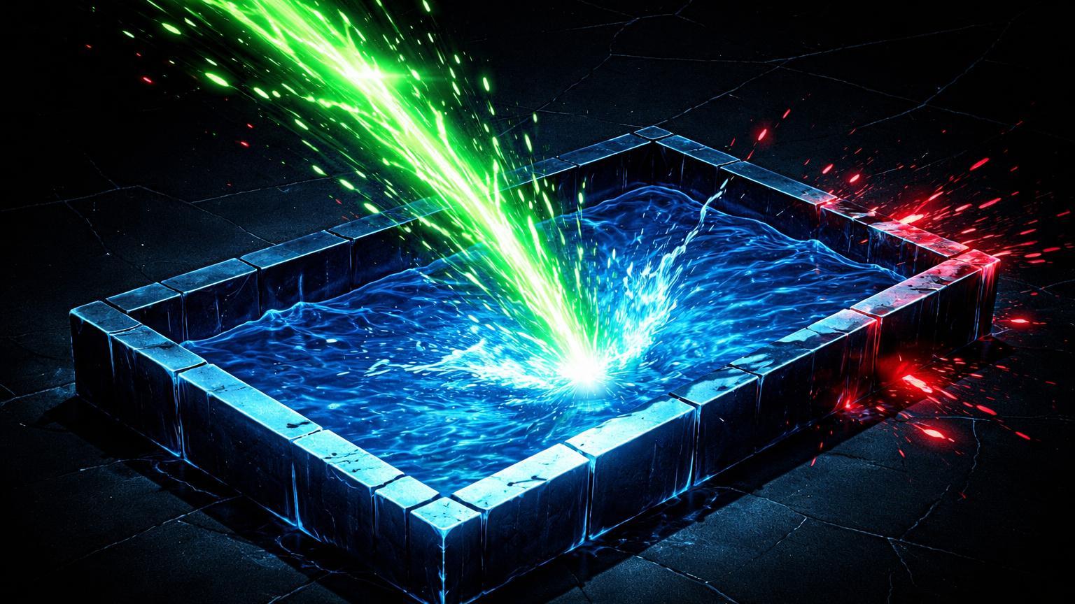 Fluxo verde neon fragmentando em piscina azul de liquidez com vazamentos vermelhos, representando perda por slippage em swap DeFi