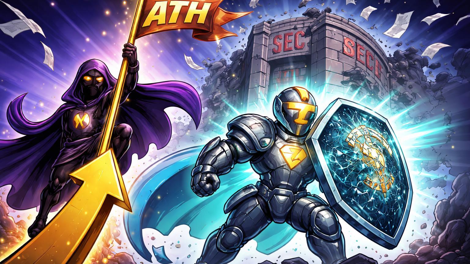 Personagens cartoon Monero encapuzado atingindo ATH e Zcash com escudo refletindo SEC dissolvendo, simbolizando vitória da privacidade cripto