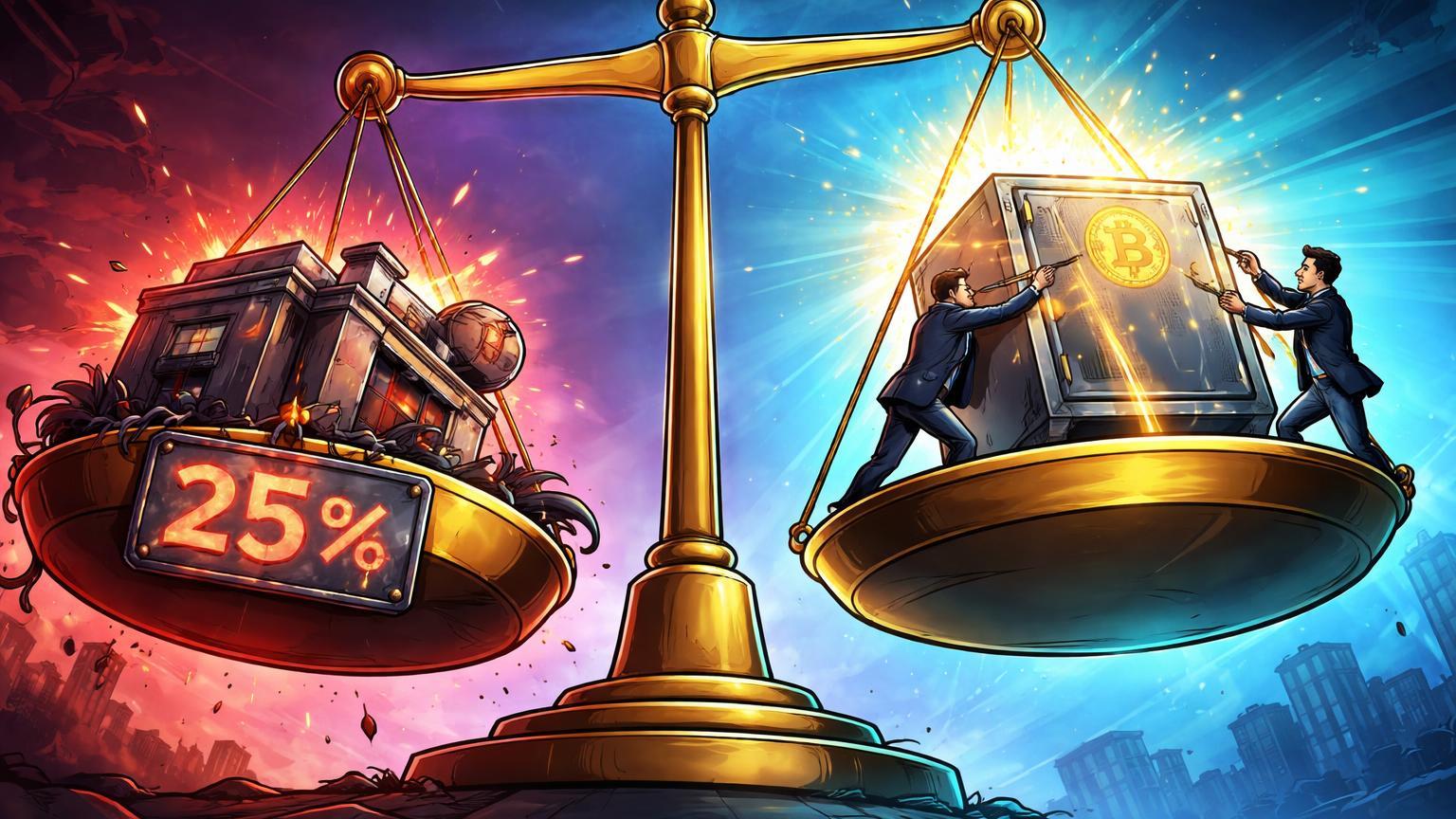 Balança cartoon com lado de exchange afundando a 25% e influxo dourado elevando cofre de ETFs Bitcoin, sinalizando declínio da dominância da Binance