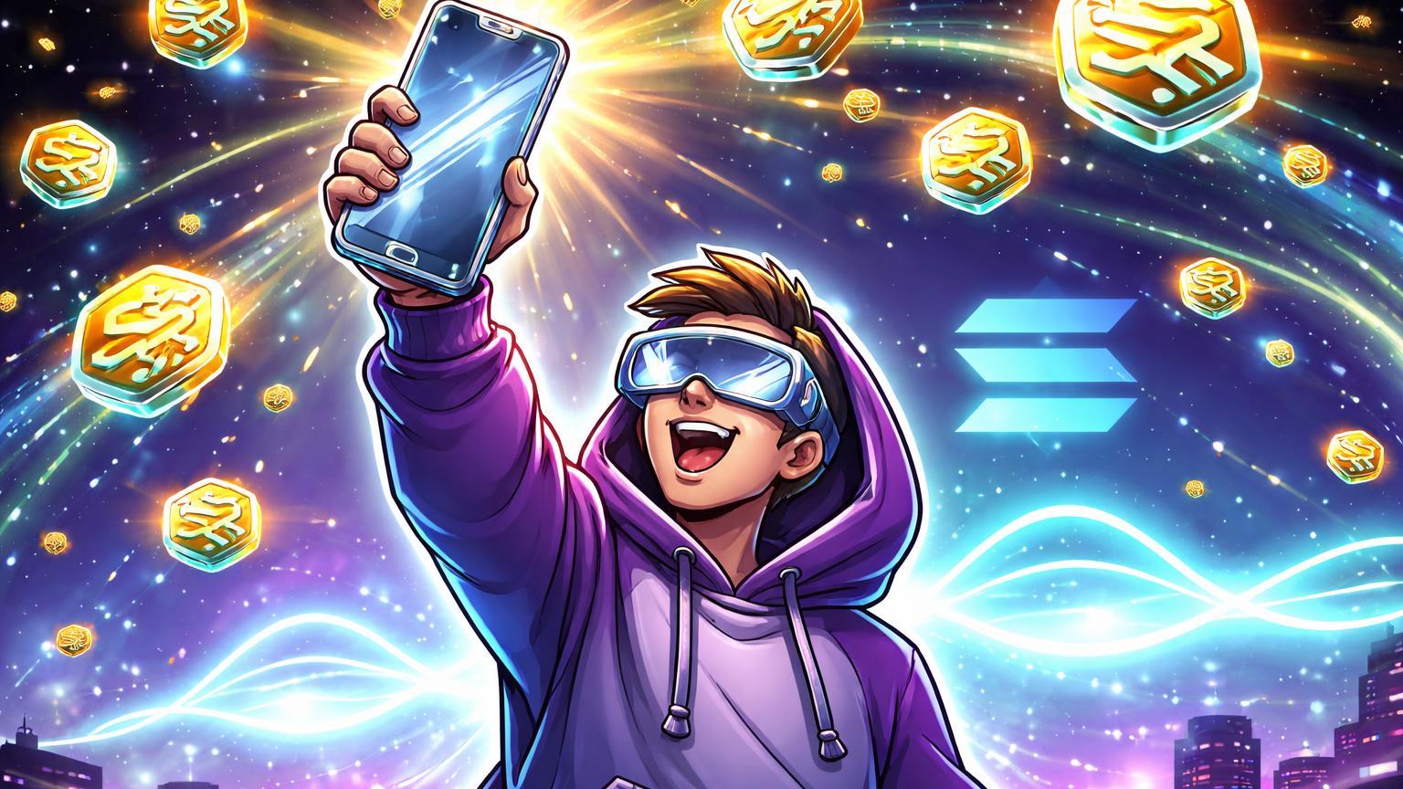 Personagem cartoon entusiasta segurando phone Seeker emitindo tokens SKR como chuva dourada e cyan, celebrando airdrop na Solana