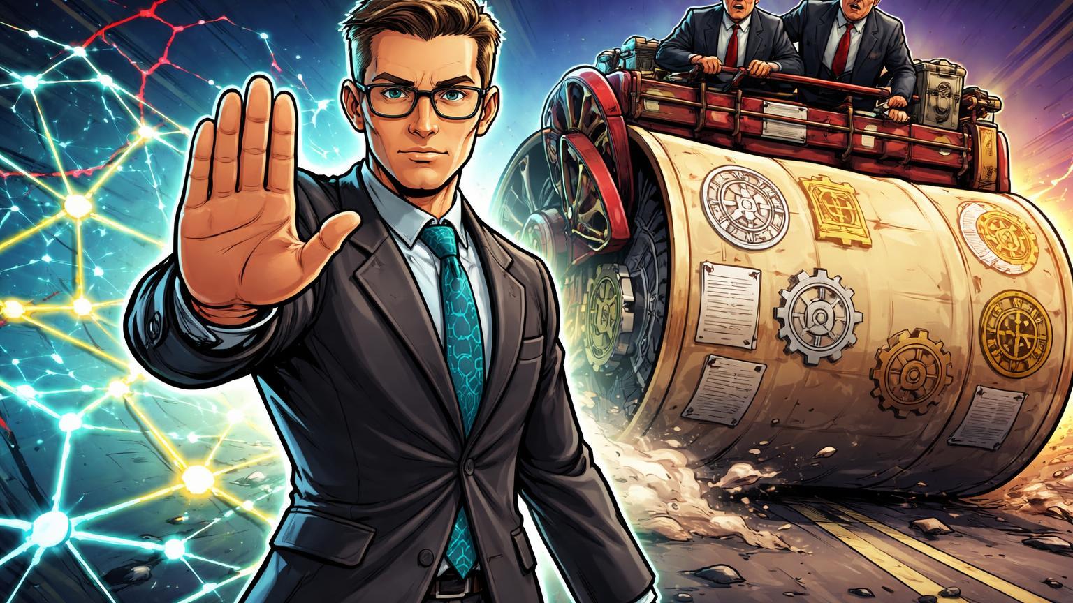 Executivo cartoon bloqueando rolo compressor burocrático com mão de stop, protegendo rede DeFi, simbolizando veto da Coinbase ao CLARITY Act