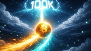 Esfera dourada Bitcoin impulsionada por fluxos institucionais rumo ao portal 100K, simbolizando FOMO e Fear & Greed em alta