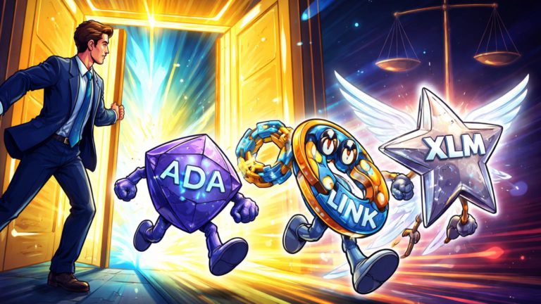 Executivo cartoon da CME abrindo portal para personagens ADA, LINK e XLM, simbolizando lançamento de futuros e adoção institucional