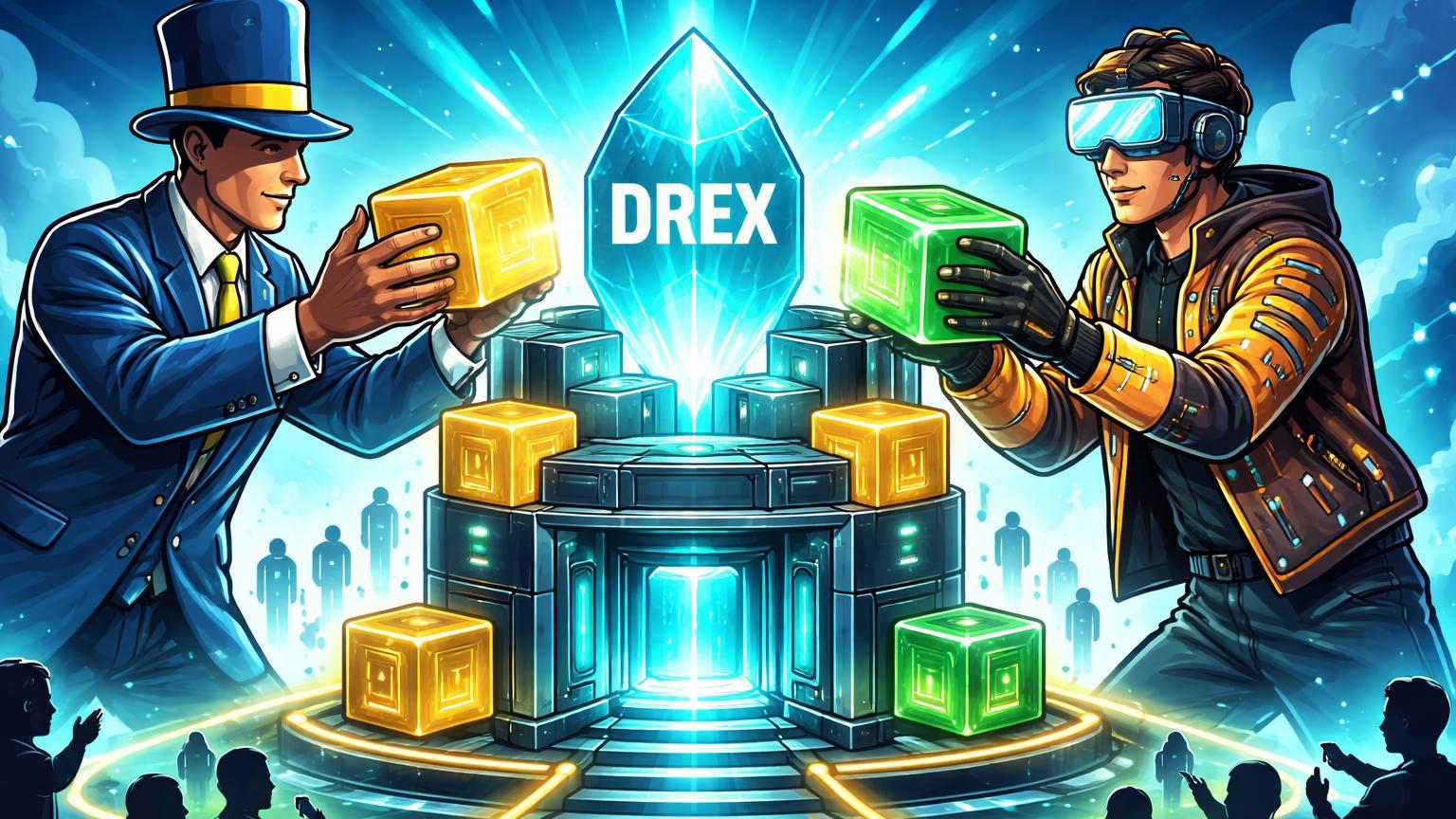 Personagens cartoon de banco estatal e tech firm construindo laboratório blockchain com Drex, simbolizando investimento da Caixa no Real Digital para pagamentos ágeis