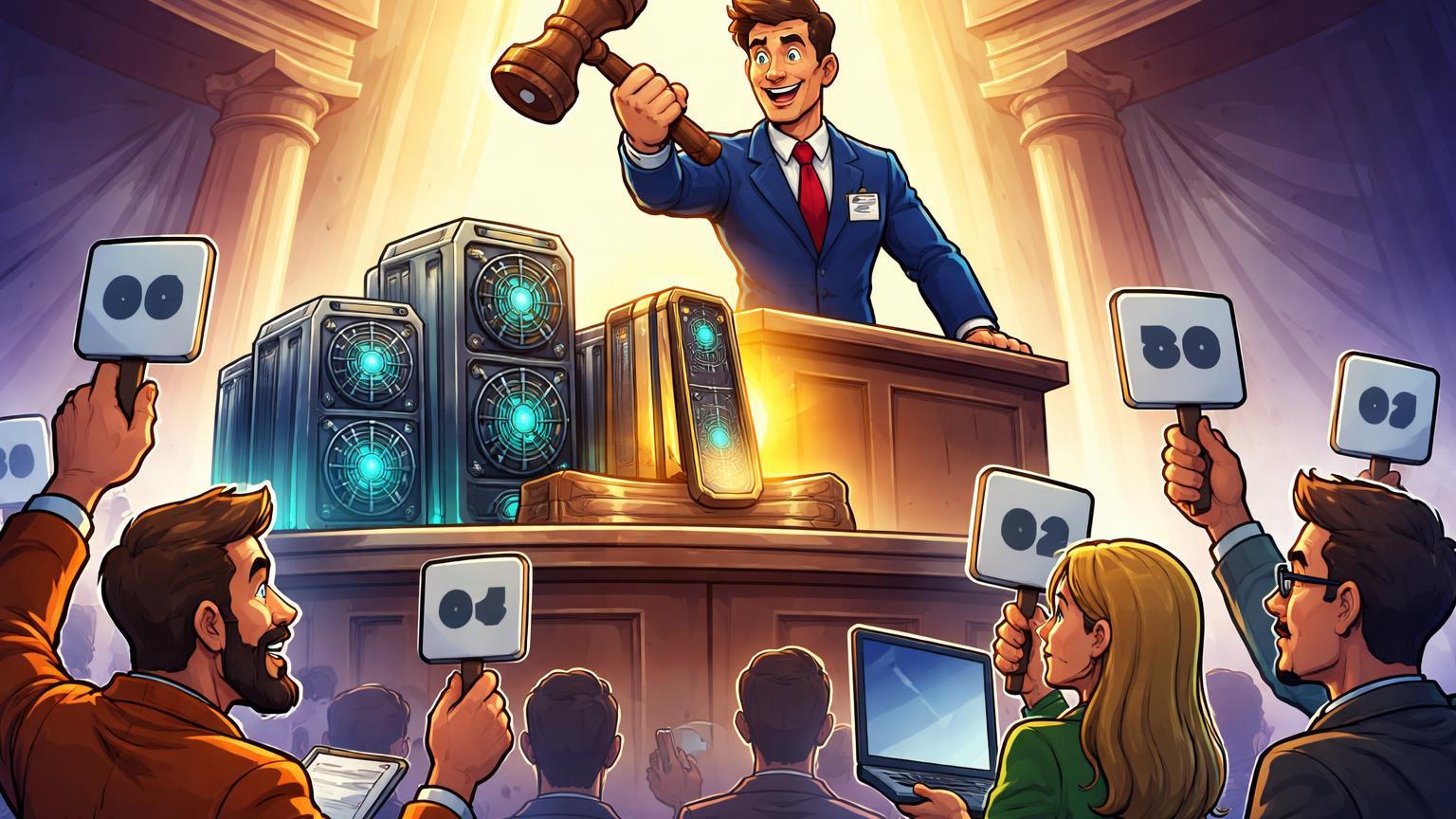 Leiloeiro cartoon erguendo martelo sobre mineradoras Bitcoin e carteira hardware em leilão da Receita Federal, investidores com plaquinhas