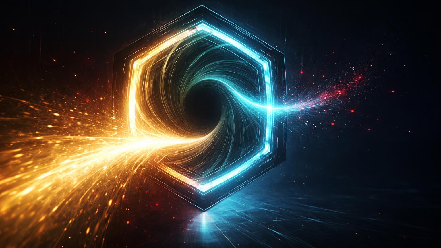 Portal de swap DeFi com fluxo dourado massivo entrando mas saindo filete cyan mínimo, partículas vermelhas dissipadas simbolizando slippage extremo no Yield Protocol