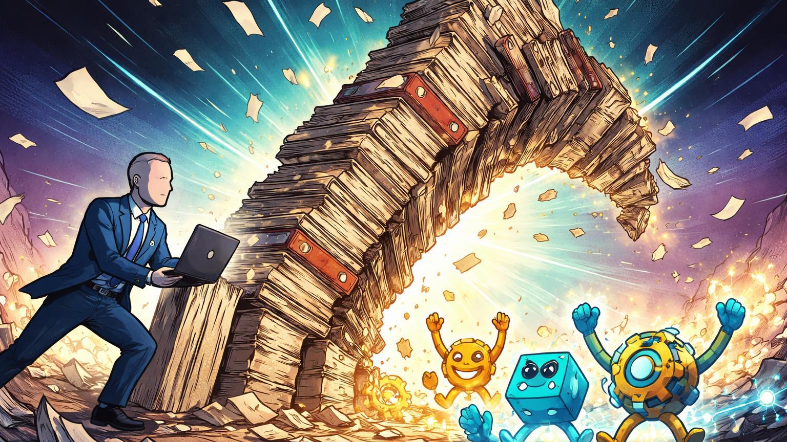 Personagens DeFi cartoon celebrando colapso de torre burocrática após Coinbase remover suporte, simbolizando vitória contra overregulation nos EUA