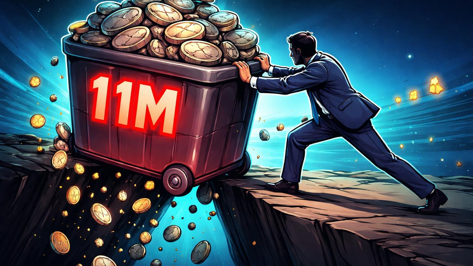 Investidor cartoon esvaziando lixeira gigante com 11M tokens zerados para abismo, ilustrando riscos de shitcoins no mercado cripto