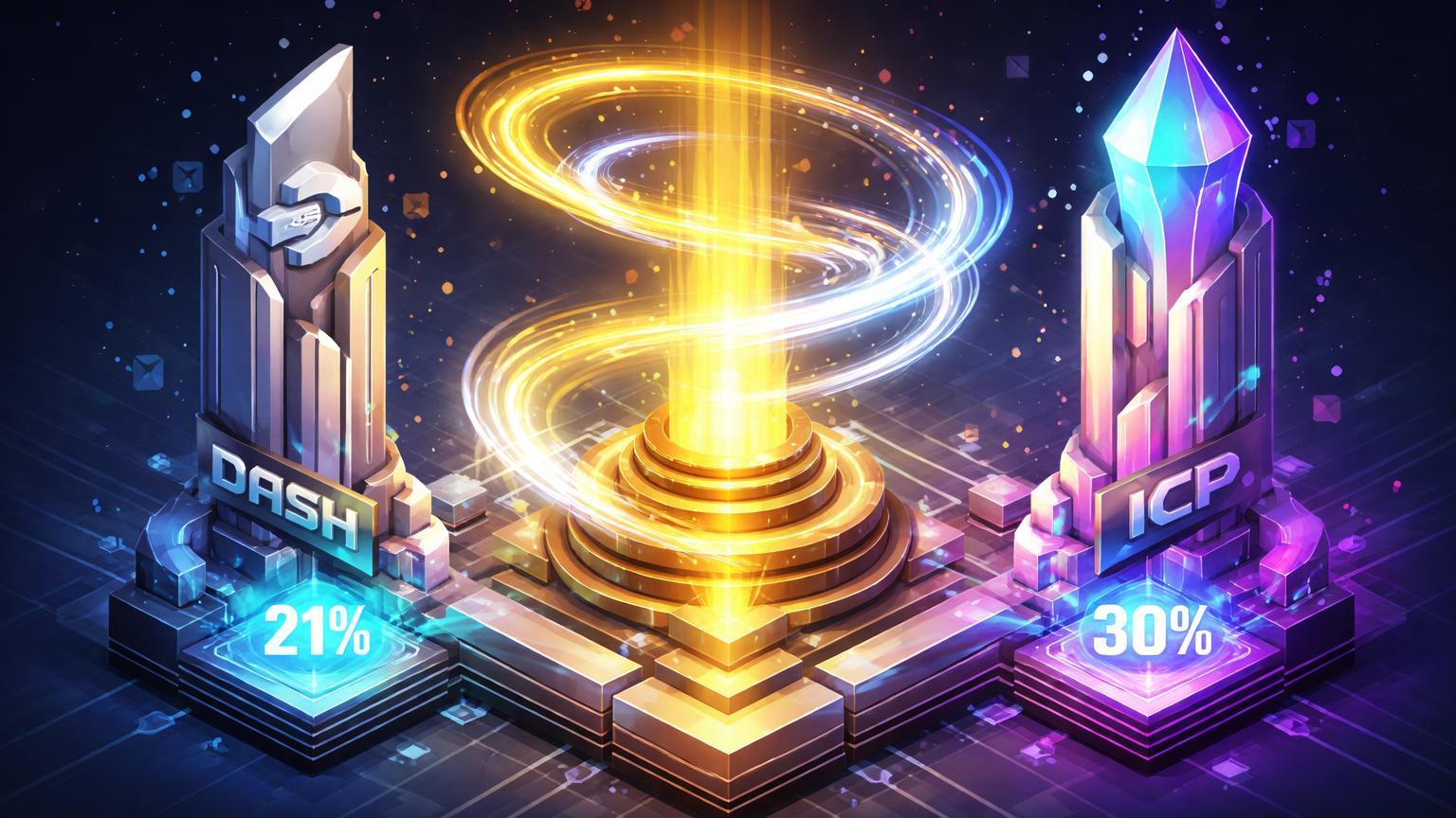 Estrutura isométrica com fluxo dourado rotacionando para torres Dash e ICP com 21% e 30%, sinalizando rotação de capital para altcoins