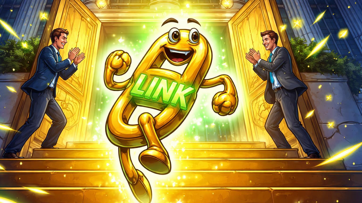 Personagem Chainlink cartoon subindo degraus da NYSE com executivos abrindo portas, simbolizando lançamento do ETF Bitwise e alta de 5,1% do LINK