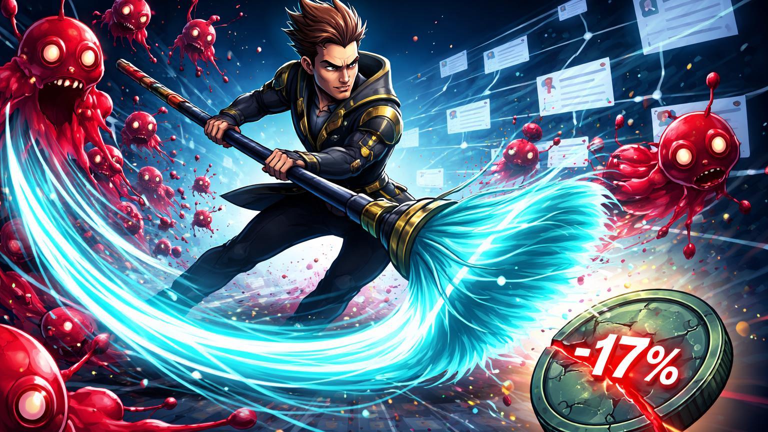 Personagem cartoon varrendo bots spam AI de rede social com token caindo marcado por -17%, simbolizando banimento de InfoFi no X