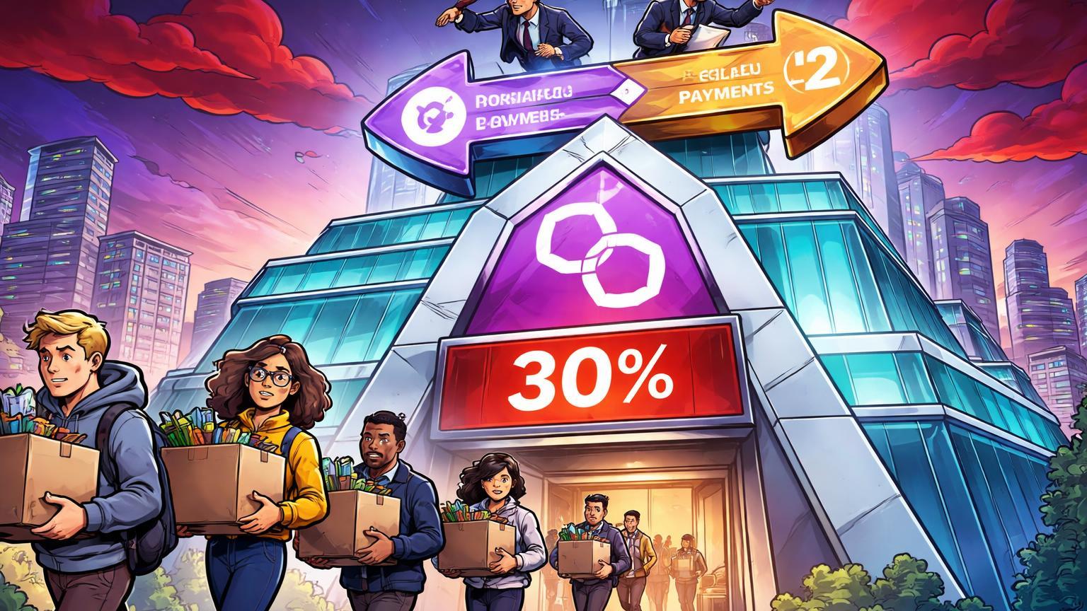 Funcionários cartoon saindo com caixas de prédio Polygon estilizado, executivos pivotando seta para pagamentos com alerta de 30%, ilustrando reestruturação arriscada