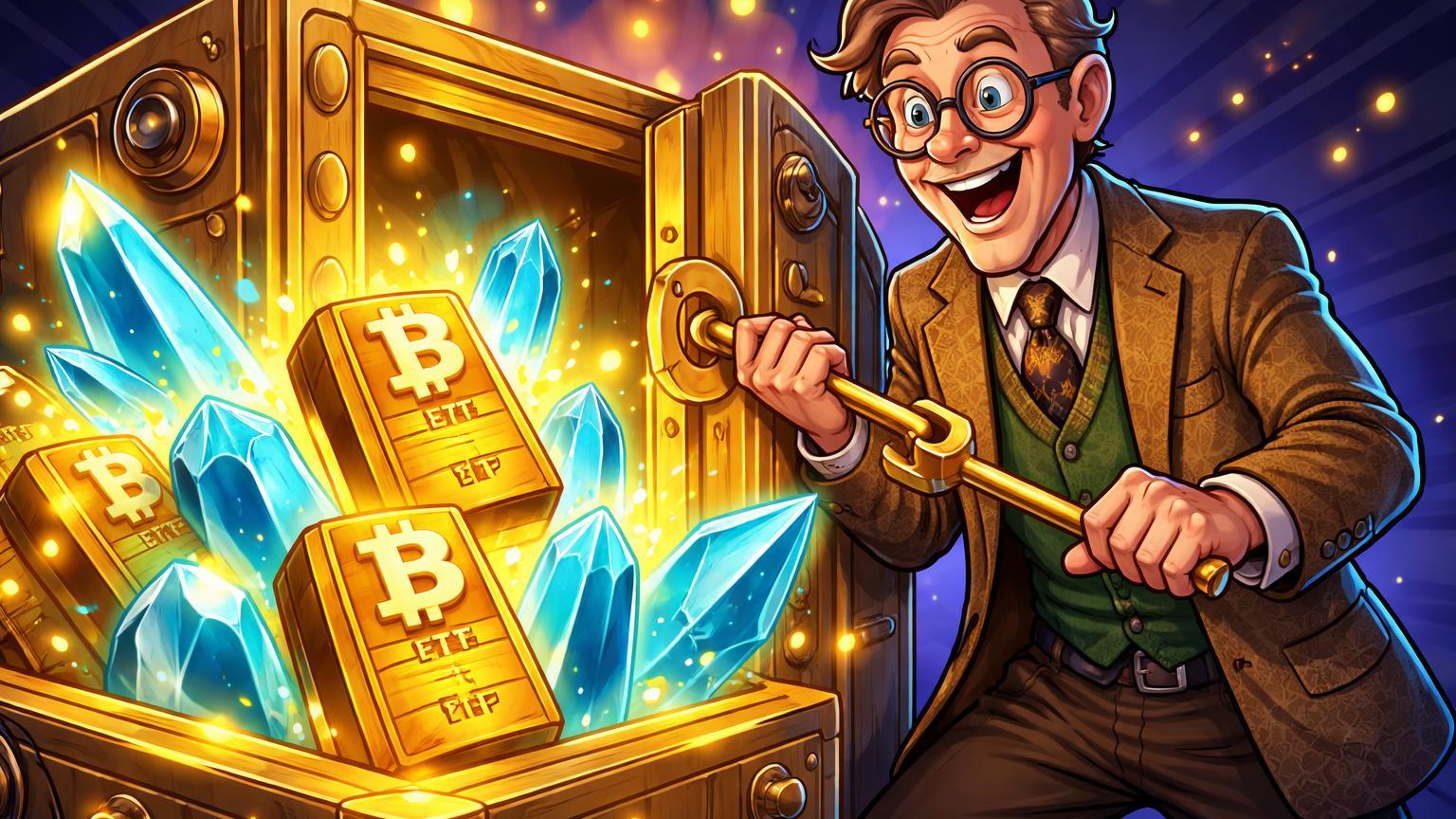 Professor Ivy League cartoon abrindo cofre revelando tesouros Bitcoin e Ethereum ETFs luminosos, sinalizando adoção bullish por endowments