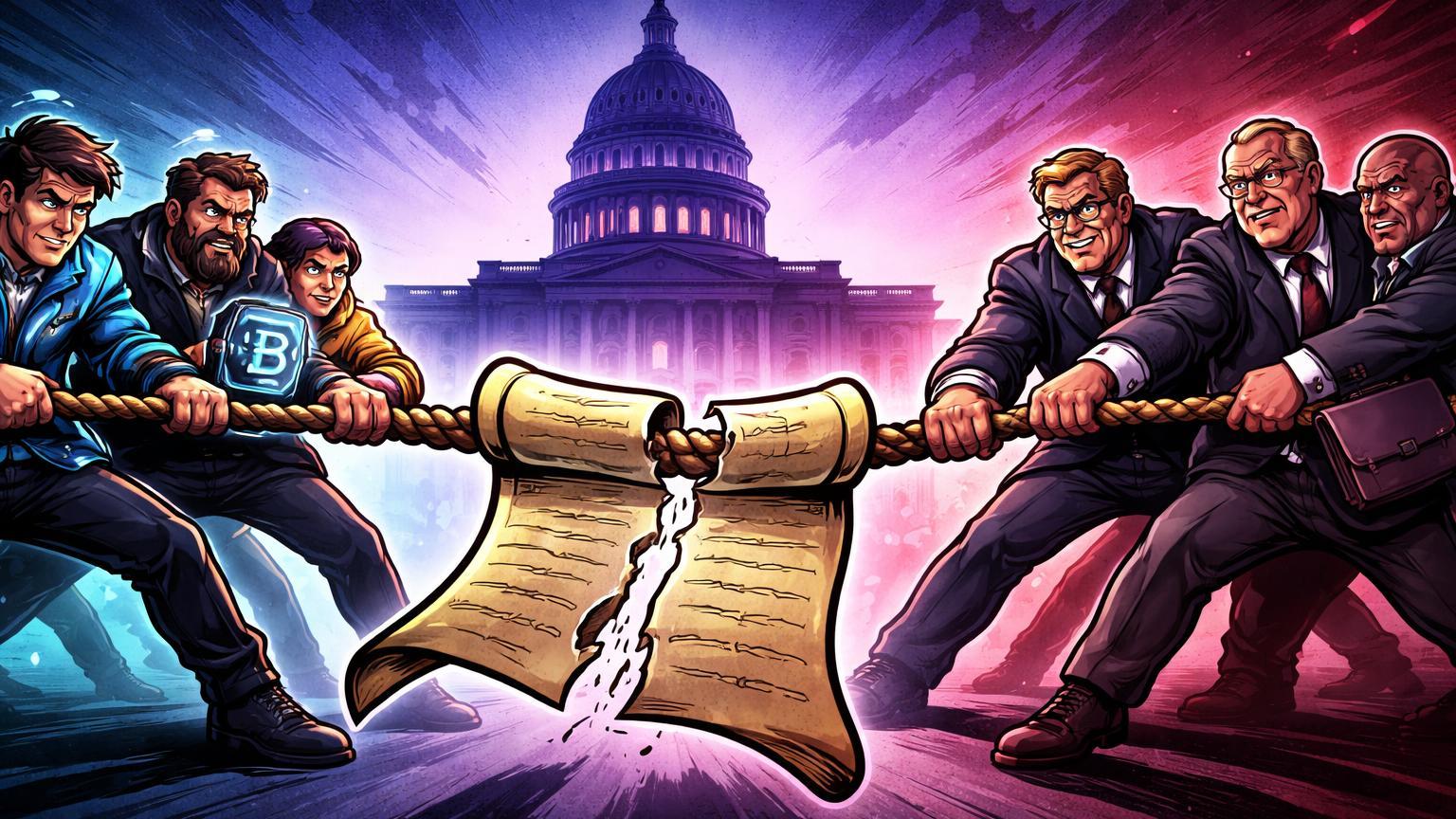 Personagens cartoon de cripto e lobby bancário puxando corda com pergaminho rasgando, simbolizando racha no Clarity Act por emendas contra stablecoins