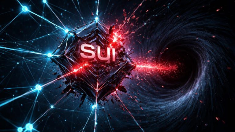 Rede neural digital com nó SUI rachado em vermelho e vórtice negro sugando conexões, representando pane na Sui e rug pull NYC