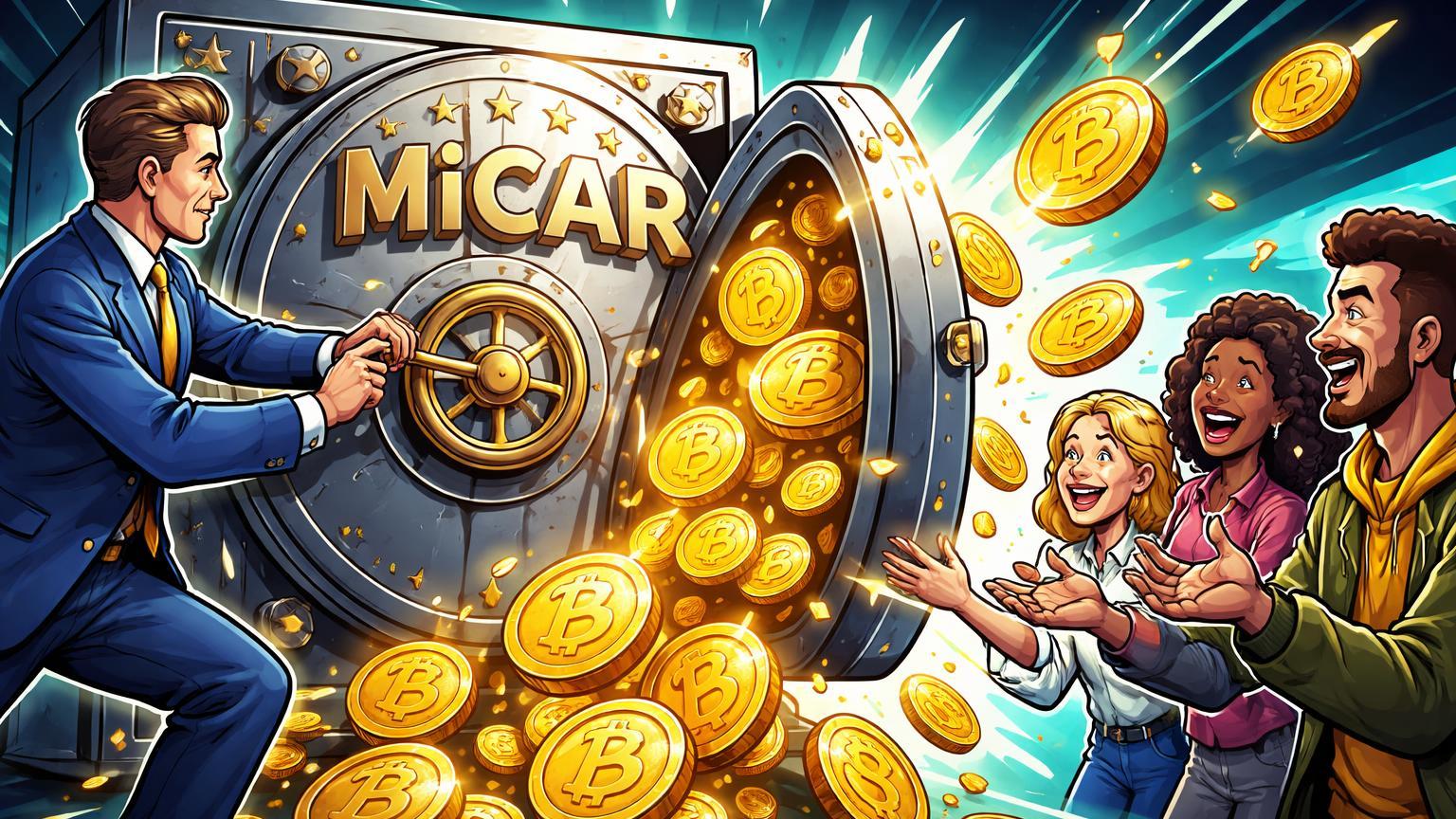 Banqueiro cartoon abrindo cofre com selo MiCAR liberando Bitcoins para clientes retail, simbolizando lançamento pioneiro KBC na Bélgica