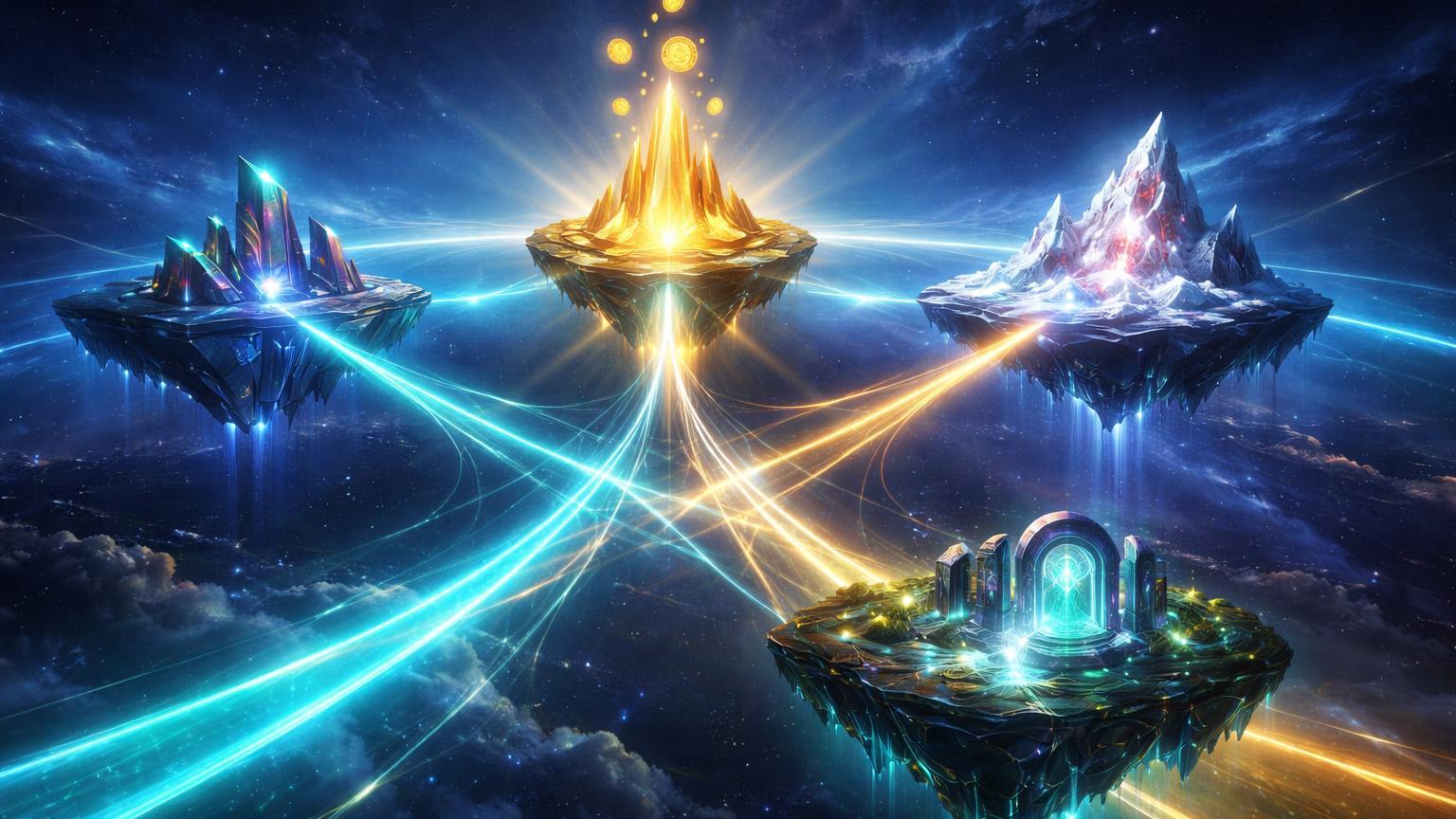 Ilhas blockchain flutuantes conectadas por feixes de energia cyan e dourada, simbolizando interoperabilidade com STRK na Solana e CLO na Avalanche