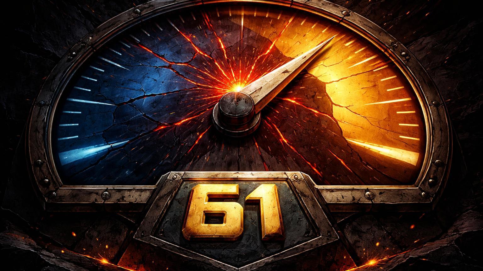 Medidor brutalista com agulha em 61 na zona ganância e rachaduras vermelhas, sinalizando risco de FOMO e topo local no Bitcoin