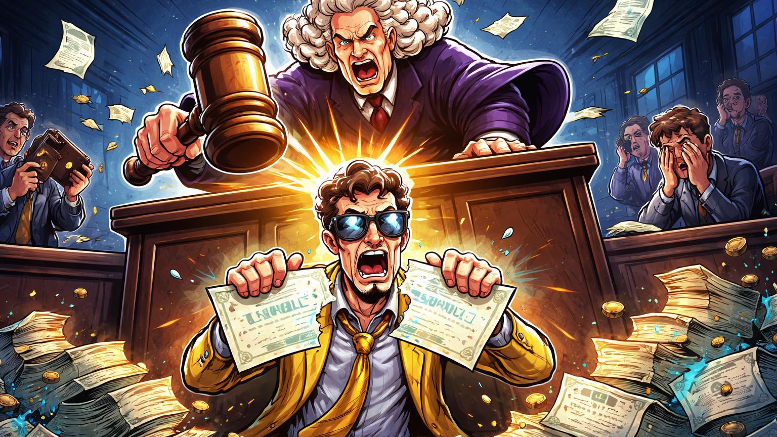 Juiz cartoon batendo martelo sobre guru cripto fraudulento em tribunal, investidores desapontados ao fundo, alertando fraudes em cursos milagrosos