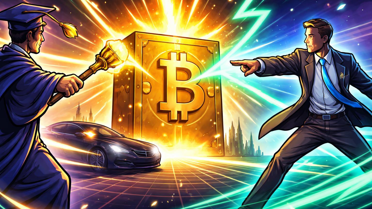 Figuras cartoon Ivy League e Strive canalizando raios dourados e cyan para cofre BTC, ultrapassando Tesla, simbolizando acumulação institucional bullish