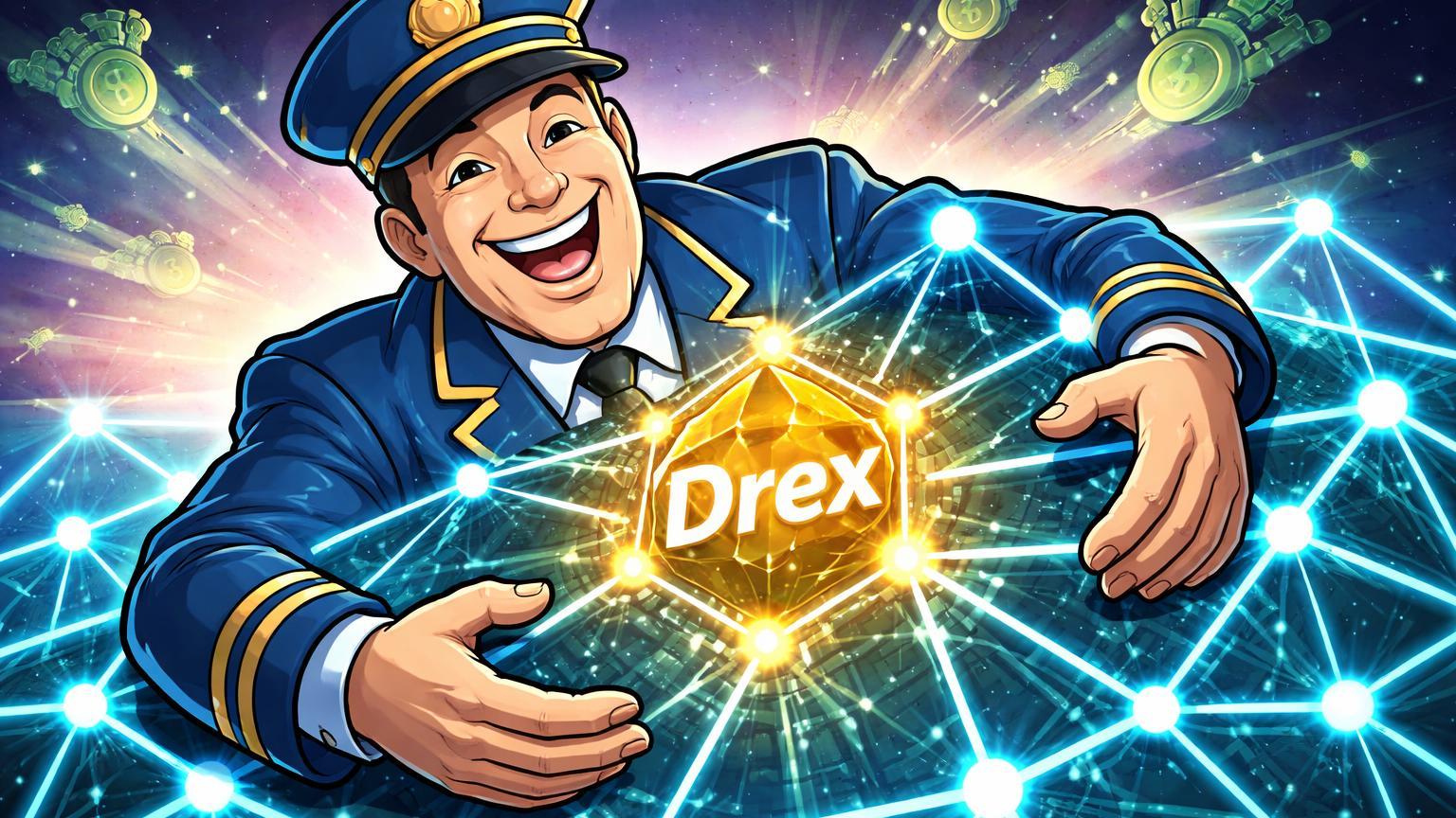 Personagem cartoon da Caixa abraçando rede blockchain com Drex central, simbolizando investimento em lab para Real Digital e benefícios rápidos