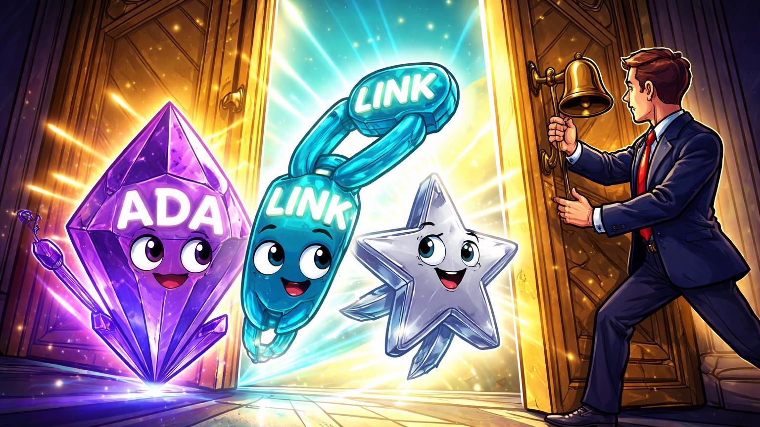 Trader cartoon de Wall Street abrindo porta dourada para personagens ADA, LINK e XLM, simbolizando lançamento de futuros pela CME