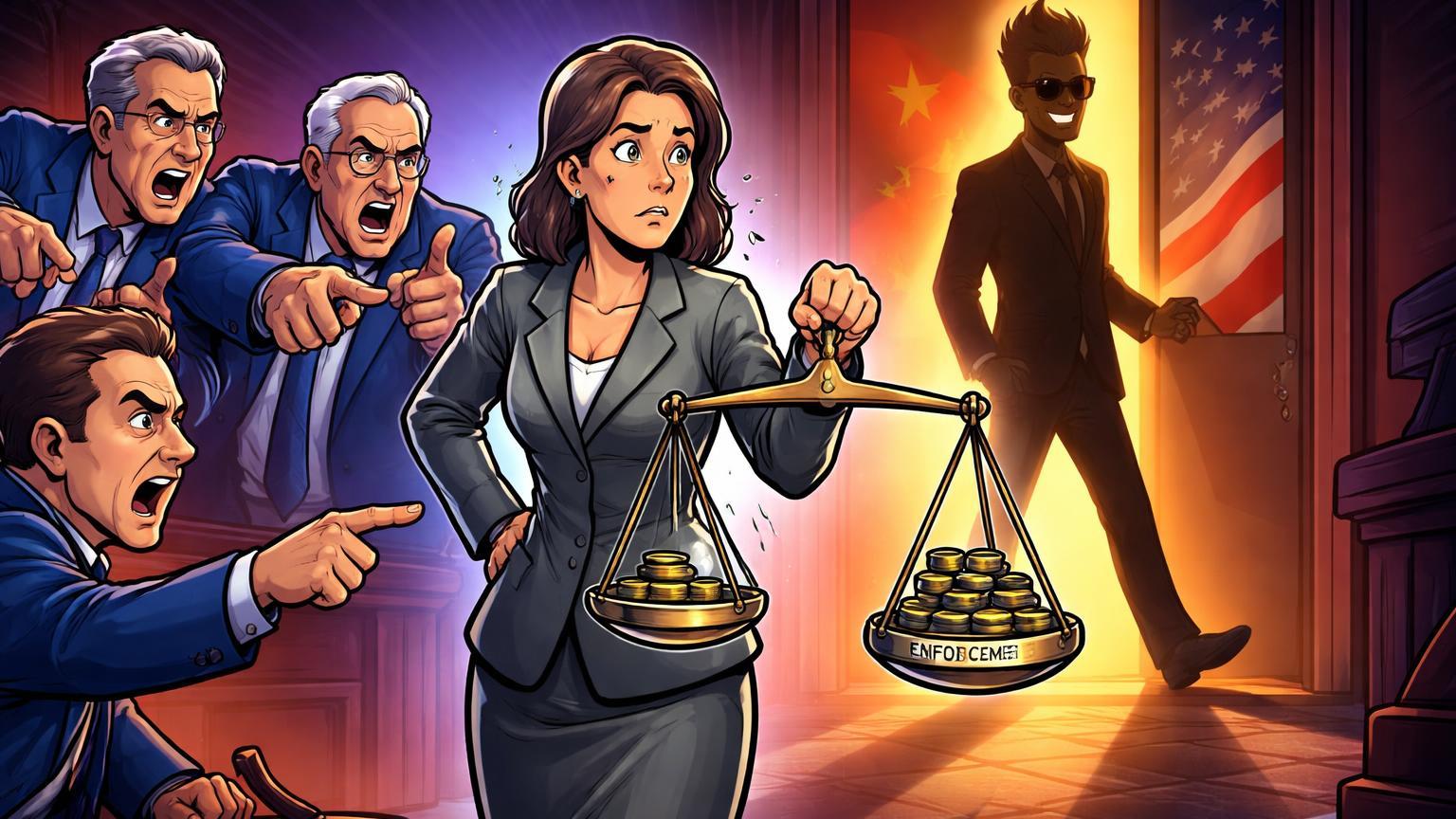Deputados democratas cartoon pressionando figura SEC hesitante com silhueta de Justin Sun escapando, ilustrando justiça seletiva em regulação cripto