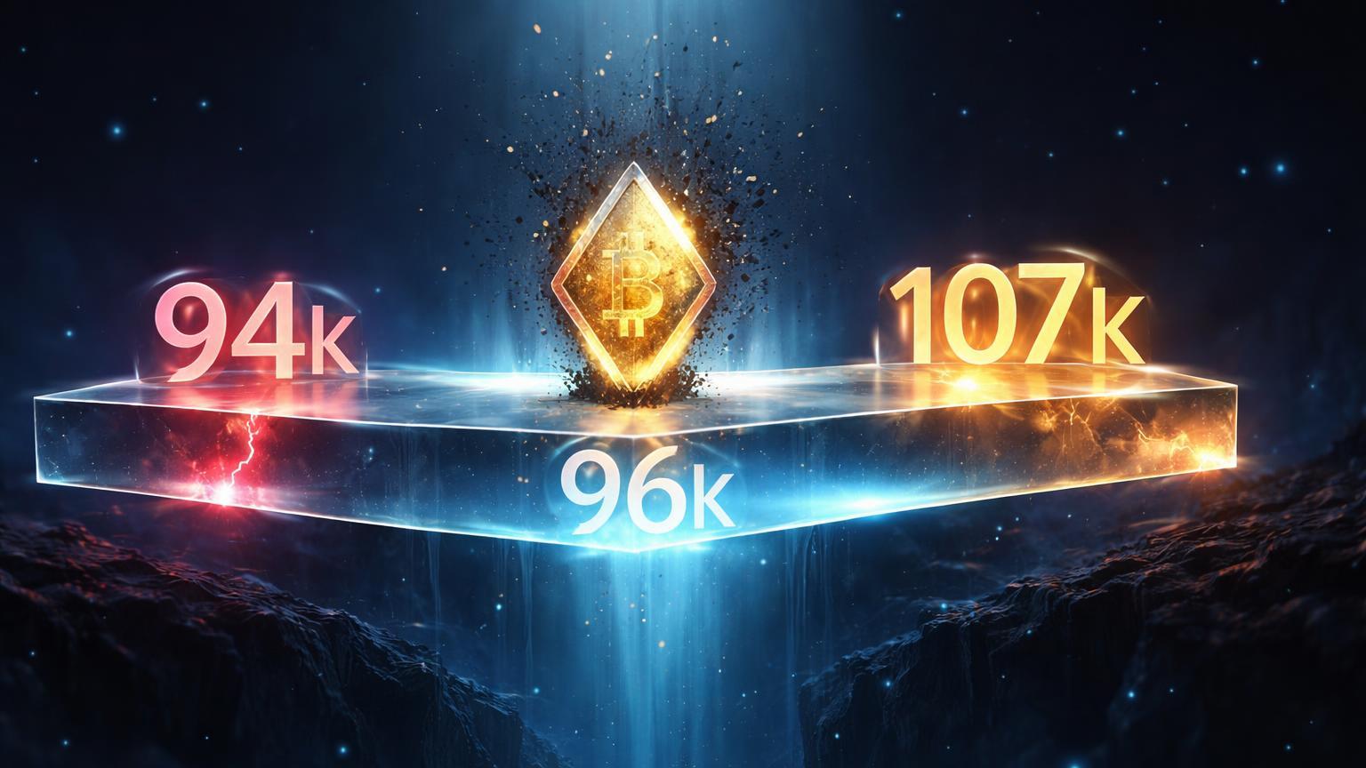 Plataforma de vidro flutuante com marcas 94k rachada, 96k central e 107k dourada, simbolizando suporte crítico do Bitcoin em análise técnica