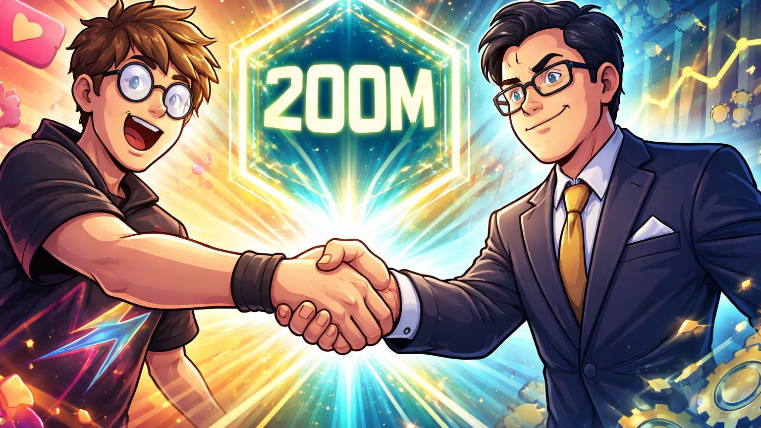 Personagens cartoon de influencer YouTube e executivo Wall Street apertando mãos sobre portal DeFi com 200M, unindo entretenimento e finanças em iniciativa cripto