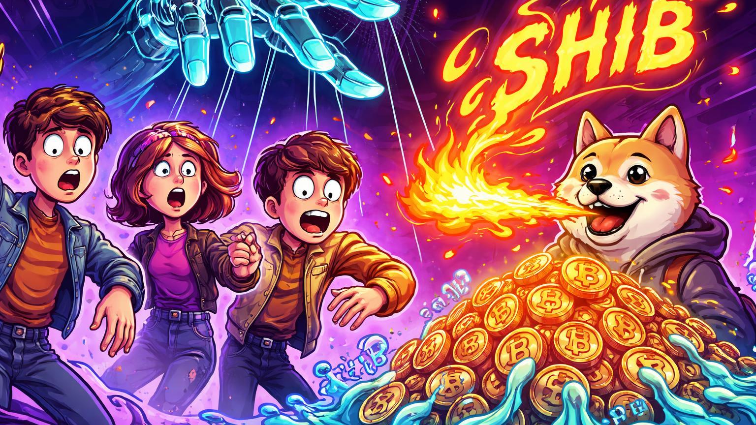 Personagens cartoon Stranger Things com trocas de corpo IA e Shiba Inu queimando tokens em charco de liquidez, ironia da web 2026