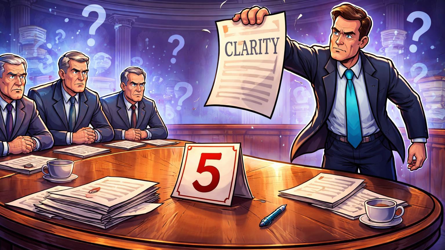 Executivos cartoon em mesa de negociações tensa no Senado EUA, Coinbase retirando apoio ao CLARITY Act pela 5ª vez, adiando lei cripto