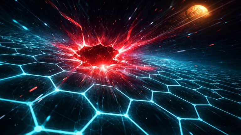 Rede hexagonal cyan com brecha vermelha central propagando ondas de choque ao sol dourado do Bitcoin, ilustrando crise de segurança e queda do mercado