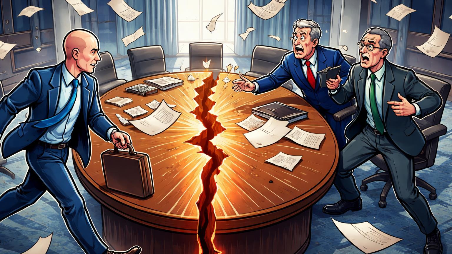 Personagens cartoon em mesa de negociação rachando ao meio, simbolizando racha político entre Coinbase e Senado sobre lei cripto