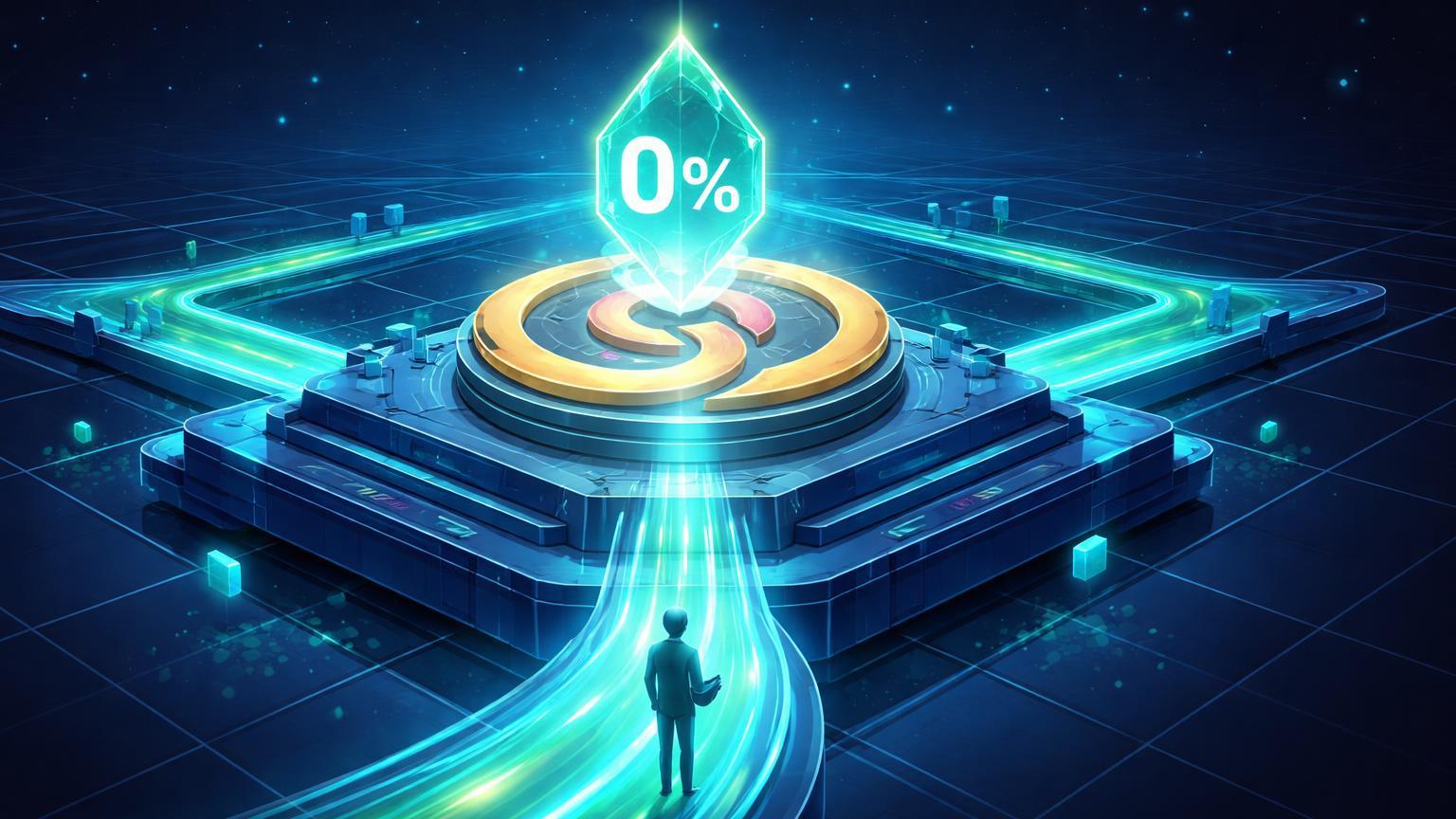 Estrutura isométrica da X Layer L2 com hub Uniswap central e caminhos sem taxas, guiando usuário iniciante em swaps DeFi zero fees