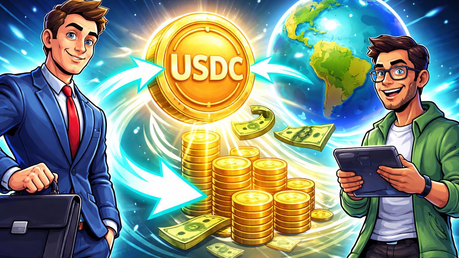 Executivos cartoon de broker e RH convertendo stablecoin USDC em dólares instantâneos sobre globo destacando Brasil, simbolizando adoção para pagamentos globais