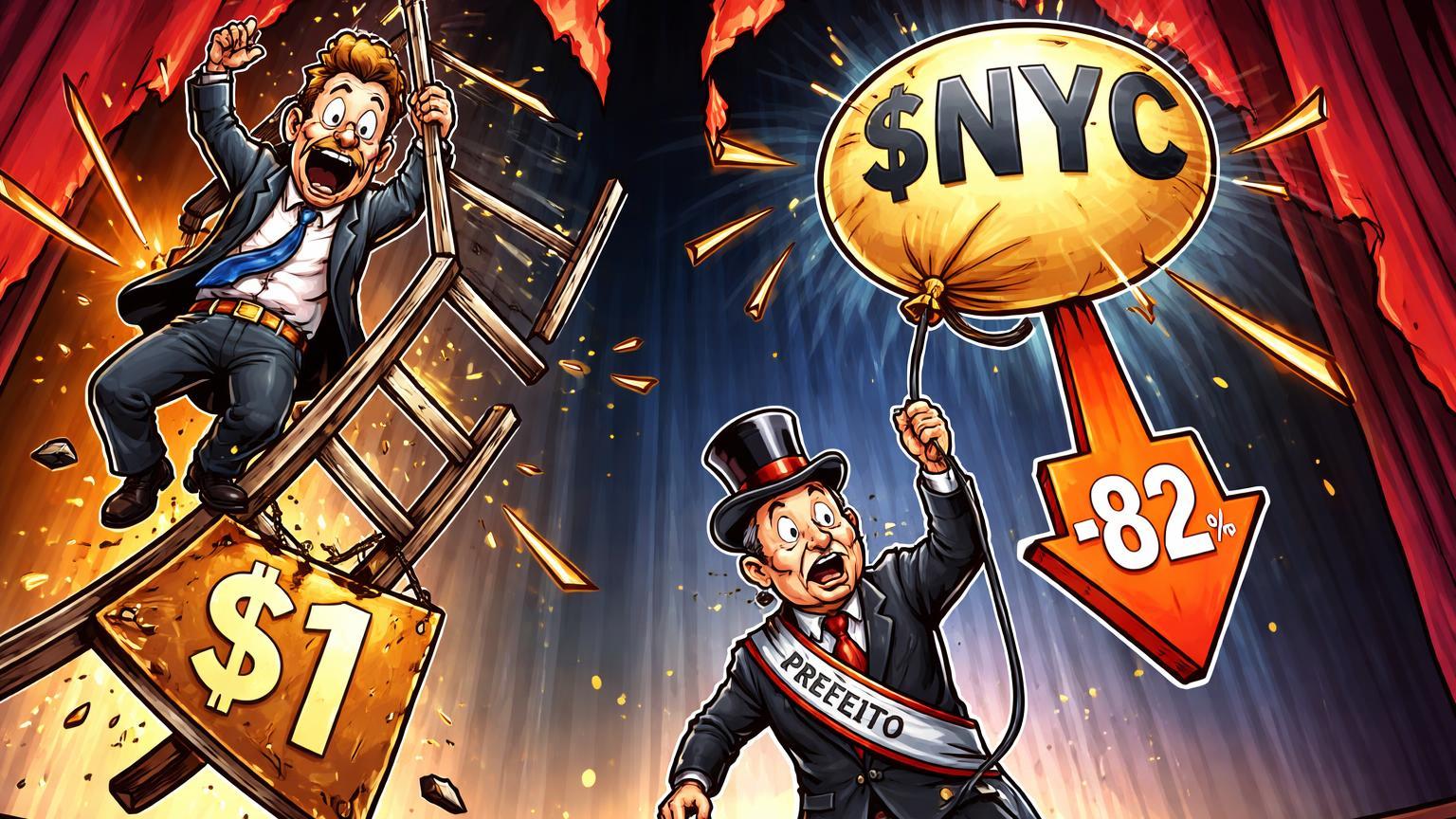 Executivo cartoon pendurado em escada quebrada com $1 e prefeito segurando token $NYC murchando 82%, sinais de alerta para delisting e rug pull