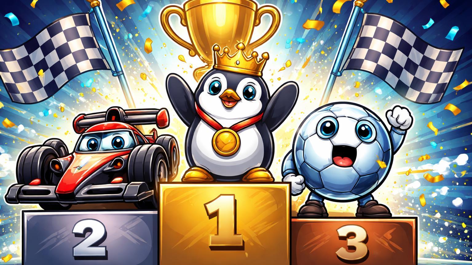 Pinguim cartoon Pudgy e carro F1 antropomorfizado no pódio de vitória com bola de futebol, celebrando parcerias cripto-NFTs com F1 e Manchester City