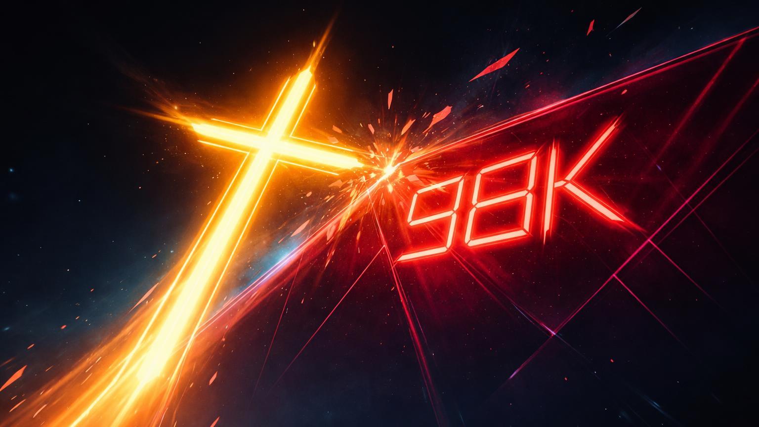 Cruz dourada neon rompendo barreira vermelha com 98K estilizado, simbolizando Golden Cross contra defesa bearish do Bitcoin