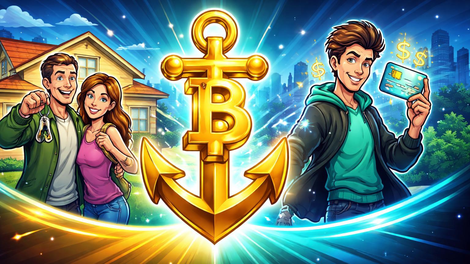 Âncora Bitcoin dourada conectando casal cartoon com casa nos EUA e jovem com cartão na Argentina, simbolizando uso como garantia financeira