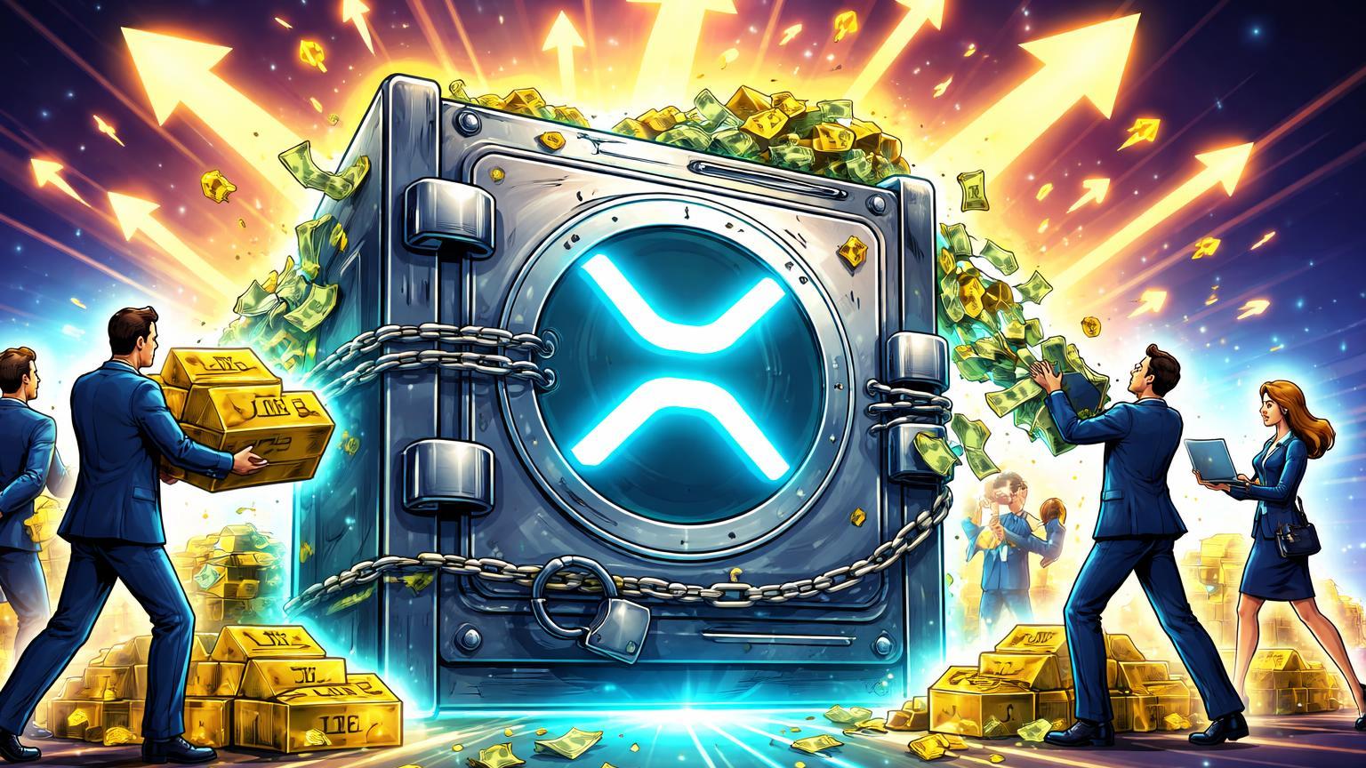 Executivos cartoon injetando capital em cofre XRP transbordante com '1.51B', simbolizando recorde de ETFs e demanda institucional forte